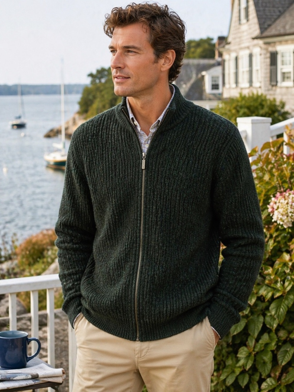 Jantzen Dark Green Full-Zip Ribbed Cardigan Sweater